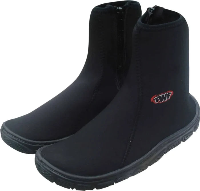 Black TWF 3mm Aquaboot neoprene accessory for children, designed for water activities, with a snug fit and durable material.