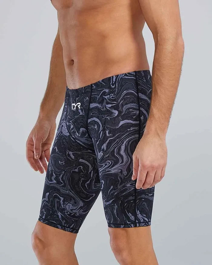TYR men's Thresher Hyperblitz jammer in titanium, close-up view showing the sleek design and fabric texture.