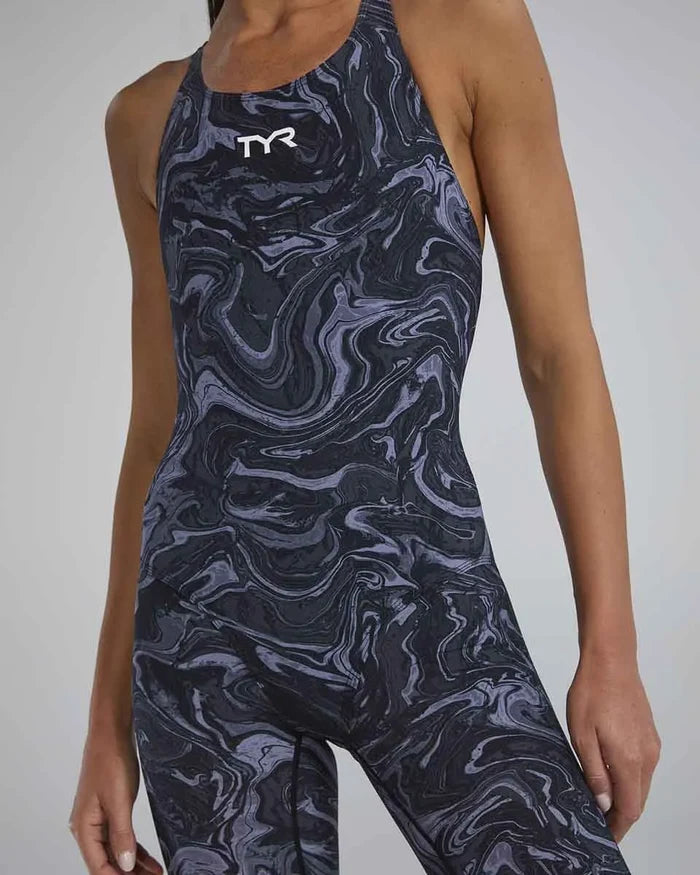 TYR Women's Thresher Hyperblitz openback kneeskin swimsuit in titanium, designed for competitive swimming and optimal fit.