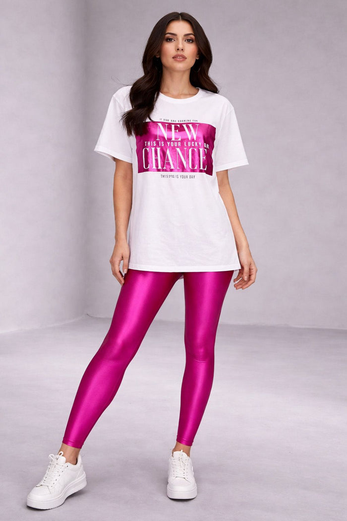 White Lucky Gloss Set (berry pink Glossy leggings + Cotton Printed T-shirt)