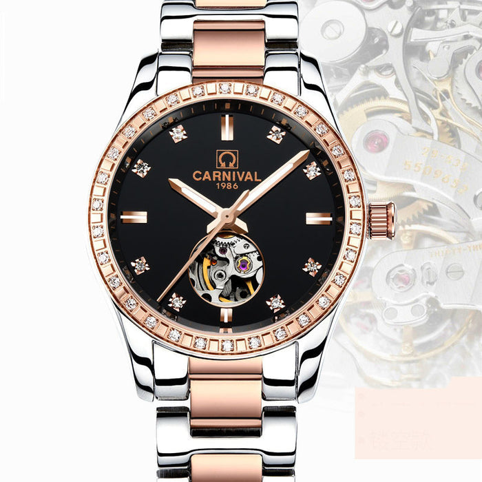 Women's Automatic Mechanical Watch - Rose Gold Diamond Waterproof Fashion Watch