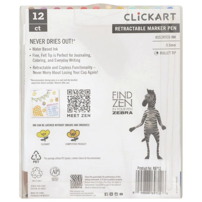 Zebra - CLiCKART Retractable Marker Pen Set - Light Colour Palette. Perfect for journaling, colour coding, drawing, and writing. At Embellish Away in Bowmnaville Ontario Canada.