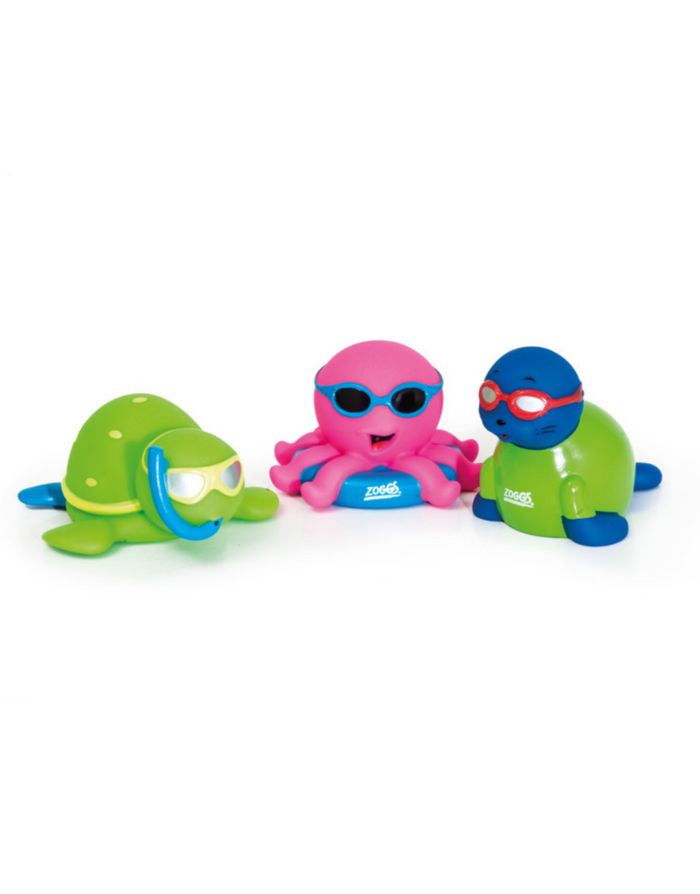 Zoggs Splashems green turtle bath toy with blue goggles and pink octopus pal