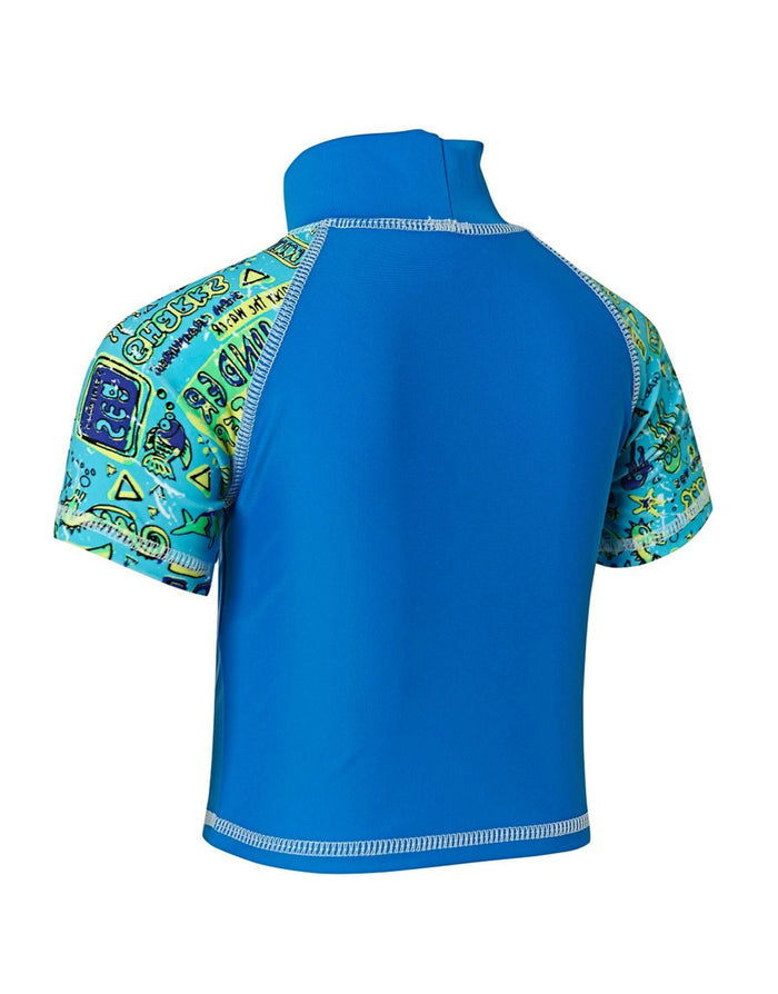 Zoggs Tots Boys blue rash guard with colorful geometric sun protection pattern