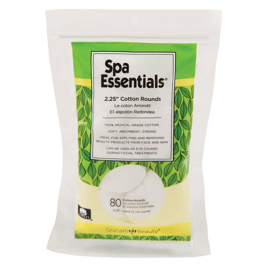 A package of Spa Essentials 2.25 inch cotton rounds, with 80 counts, in a green and white bag with product information.
