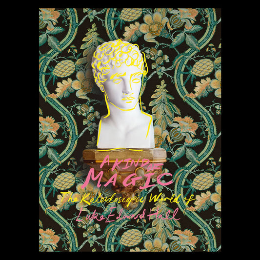 Book cover with classical statue, floral patterns, and 'Kind Magic' text.