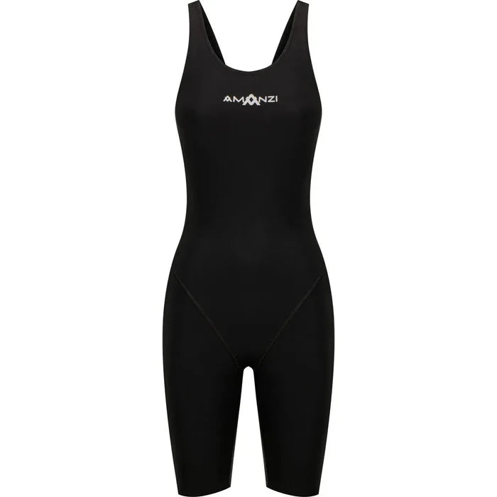 Amani Girls Acceler8 RIZE black kneesuit for swimming, featuring a sleek design and comfortable fit for young swimmers.
