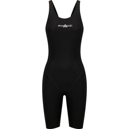 Amani Girls Acceler8 RIZE black kneesuit for swimming, featuring a sleek design and comfortable fit for young swimmers.