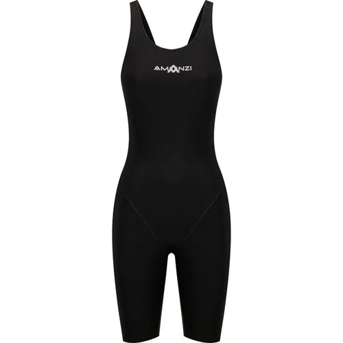 Amani Girls Acceler8 RIZE black kneesuit for swimming, featuring a sleek design and comfortable fit for young swimmers.