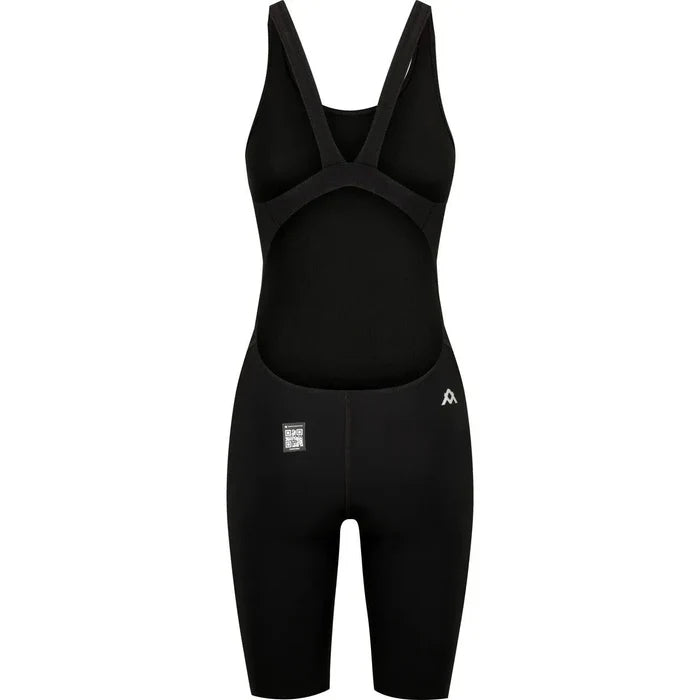 Amani Girls Acceler8 RIZE black kneesuit, close-up of the sleek black fabric with branding details for active swimming or water sports.