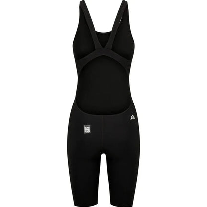 Amani Girls Acceler8 RIZE black kneesuit, close-up of the sleek black fabric with branding details for active swimming or water sports.