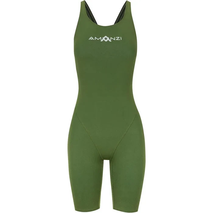 Amani Girls Memphis Active Kneesuit in green, featuring a full-body design with long sleeves and a zip-up front for active wear.