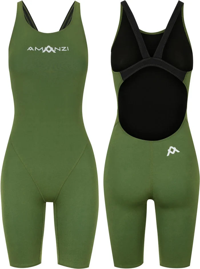 Green Amanzi Girls Memphis Active Kneesuit, a snug and flexible wetsuit for girls, featuring vibrant green color and durable material.