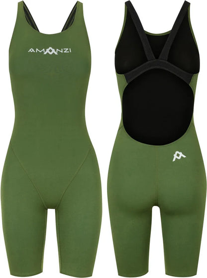 Green Amanzi Girls Memphis Active Kneesuit, a snug and flexible wetsuit for girls, featuring vibrant green color and durable material.
