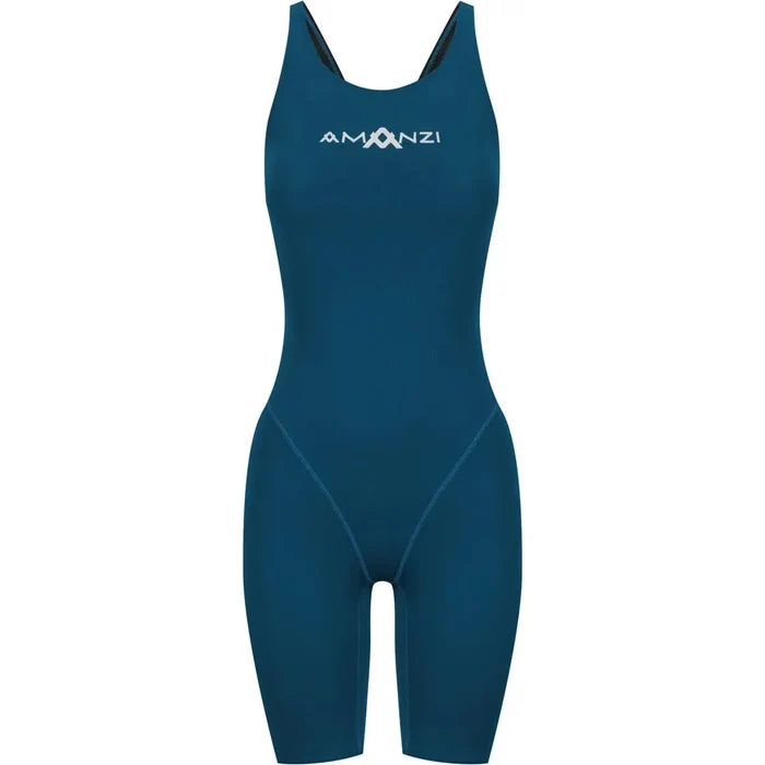 Amani Girls Neptune Active Kneesuit in navy, featuring long sleeves and front zipper, designed for swimming and water activities.