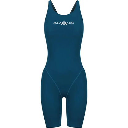 Amani Girls Neptune Active Kneesuit in navy, featuring long sleeves and front zipper, designed for swimming and water activities.