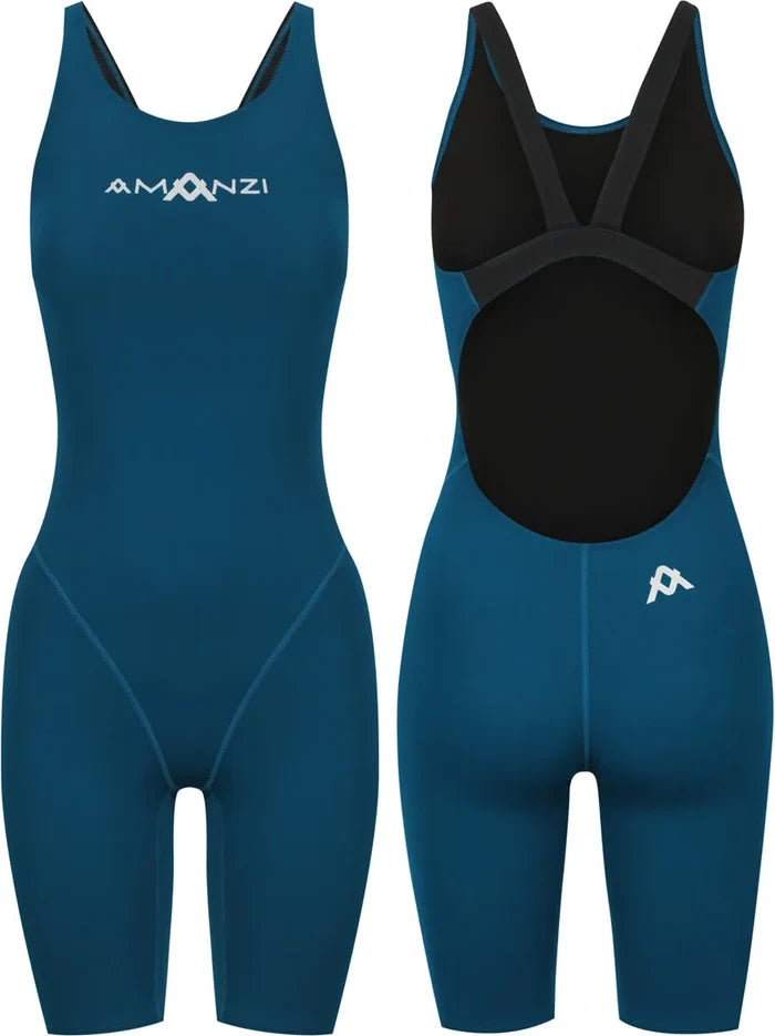 Amani Girls Neptune Active Kneesuit in navy, a fitted kids' wetsuit with long sleeves and high collar, suitable for water sports.