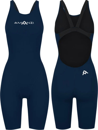 Amani Girls Sapphire Navy Active Kneesuit for girls, featuring a snug fit and durable fabric, suitable for swimming and active wear.