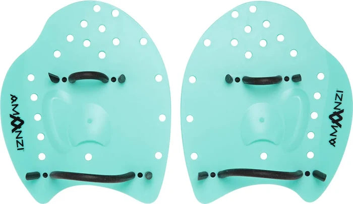 Amani Spearmint Hand Paddle Set in green for swimming, showing two lightweight paddles with textured grips and adjustable straps.