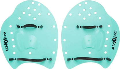 Amani Spearmint Hand Paddle Set in green for swimming, showing two lightweight paddles with textured grips and adjustable straps.
