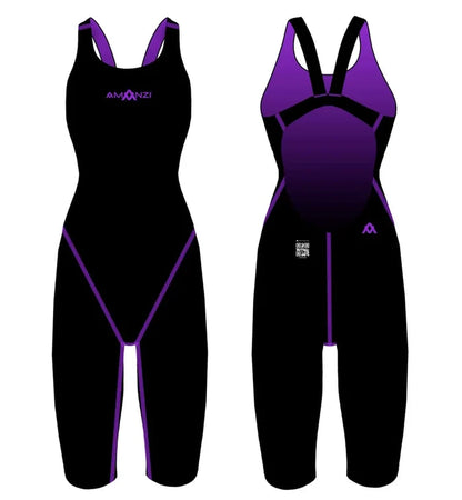 Amani Womens Acceler8 RIZE Kneesuit in Jet and Jewel, black and colorful design, close-up of the sleek, fitted wetsuit for women.