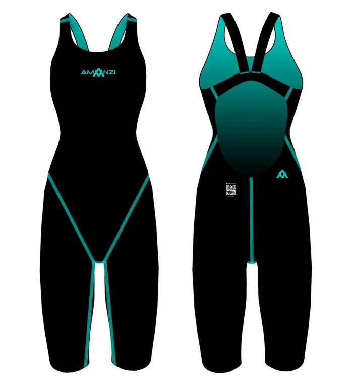 Amani Women's Acceler8 RIZE Kneesuit in Jet and Spearmint with a sleek design, suitable for water sports and swimming activities.