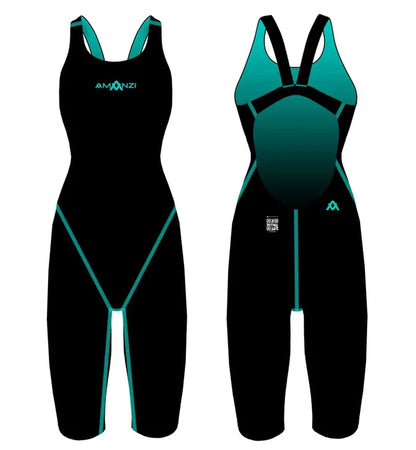 Amani Women's Acceler8 RIZE Kneesuit in Jet and Spearmint with a sleek design, suitable for water sports and swimming activities.
