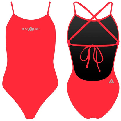 Red Amanzi women's Atomic tie-back one-piece swimsuit, featuring a sleek design and stylish back tie for a flattering fit.