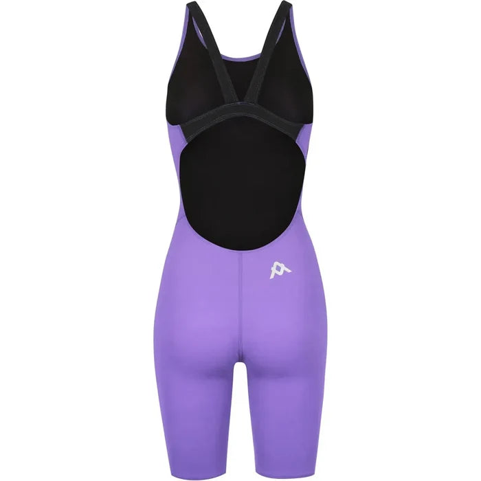 Amanzi Women's Iris Active Purple Kneesuit showing a fitted, full-body wetsuit with long sleeves and kneepads in vibrant purple.
