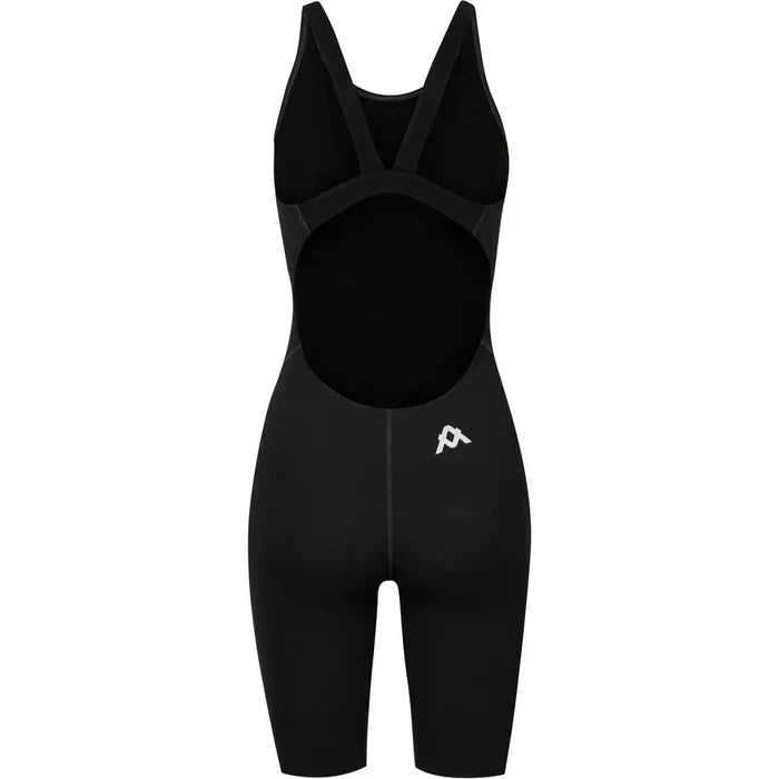 Amani Womens Jet Active Kneesuit in black, close-up of sleek, fitted wetsuit designed for water sports and active wear.