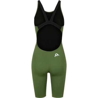 Green Amanzi Women's Memphis Active Kneesuit, close-up of the fitted wetsuit showcasing flexible material and sleek design.