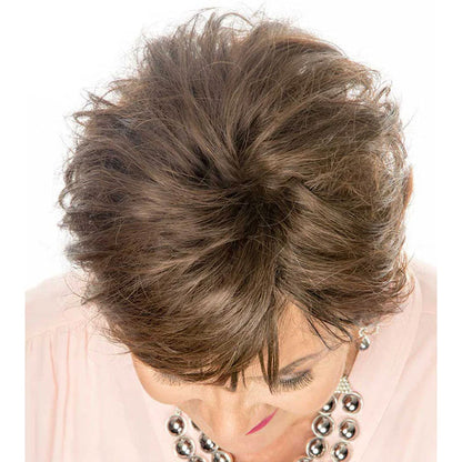 HAIR COUTURE Remy human hair top piece short layered brown topper showing crown and natural texture