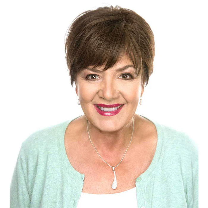 HAIR COUTURE short brown pixie style Remy human hair top piece on smiling mature woman
