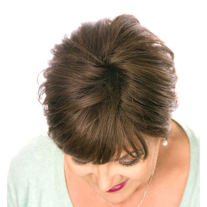 HAIR COUTURE Remy human hair top piece brown short crown coverage with natural bangs for thinning hair