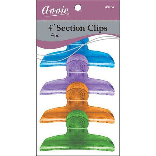Annie Round Handle Hair Section Clips with Silicone Teeth, 4 Count, Assorted Clear