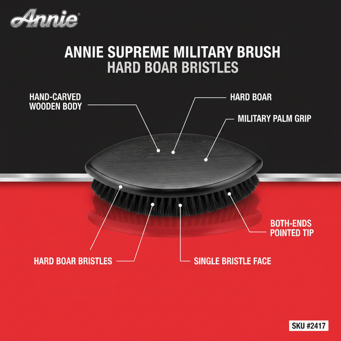 Annie Supreme Military Brush Hard Boar Bristles, 1 Count, Black