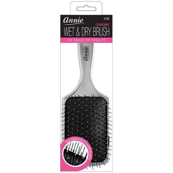 Annie Wet & Dry Cushion Paddle Brush Nylon Bristle, 1 Count, Silver