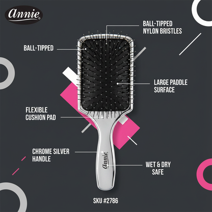 Annie Wet & Dry Cushion Paddle Brush Nylon Bristle, 1 Count, Silver