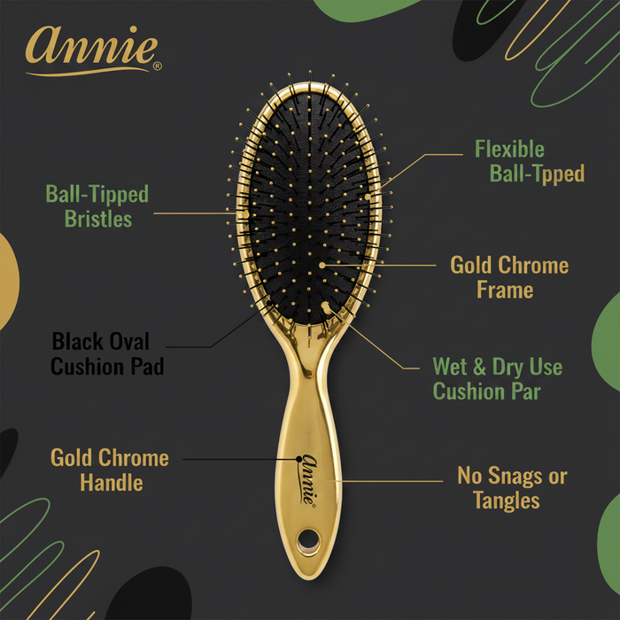 Annie Wet & Dry Oval Cushion Brush Flexible Bristle, 1 Count, Gold