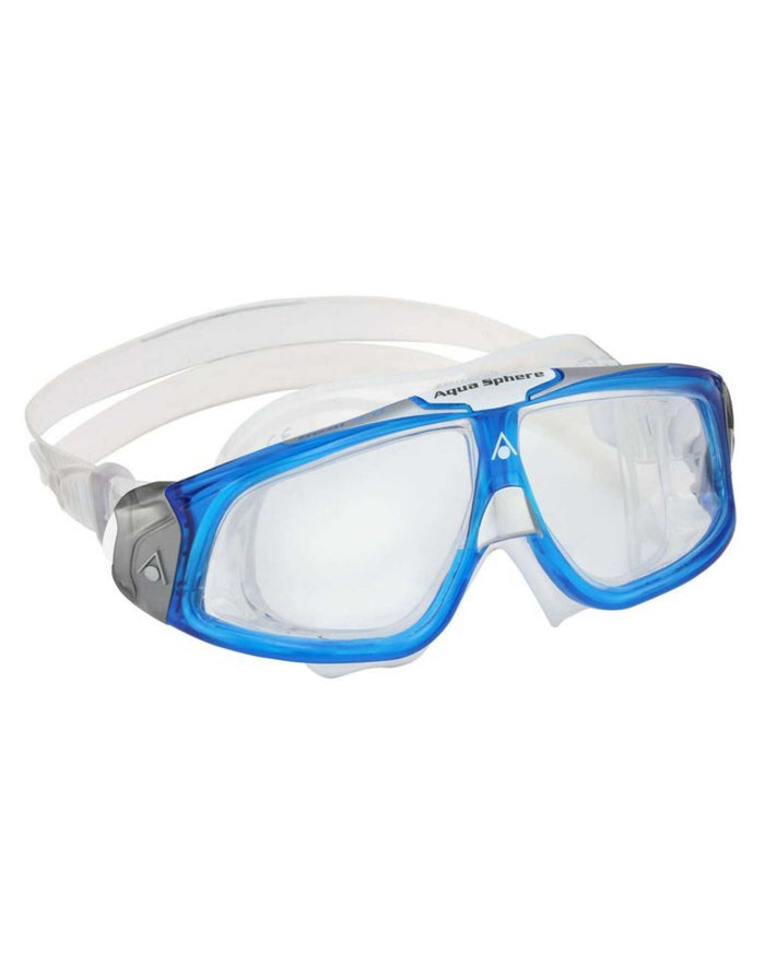 Blue and white Aqua Sphere Seal 2.0 goggles with clear lenses