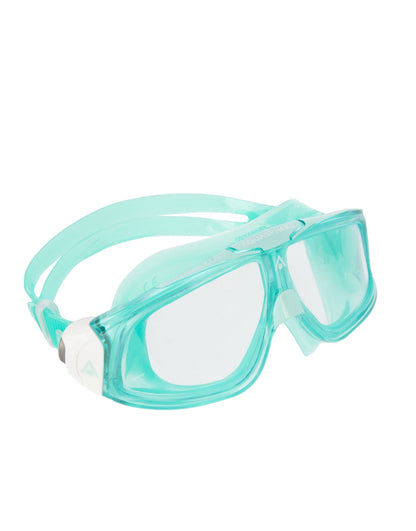 Teal and clear Aqua Sphere Seal 2.0 swim goggles with adjustable straps