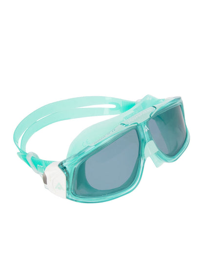 Teal and white Aqua Sphere Seal 2.0 goggles with clear lenses for comfy swims