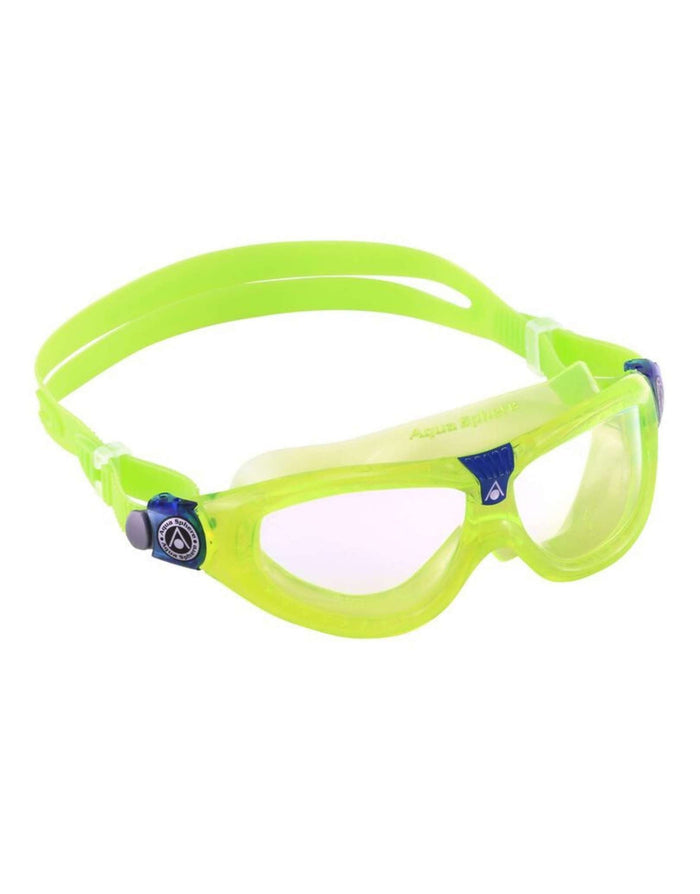 Neon yellow Aqua Sphere Seal Kid 2 goggles with blue accents for kids