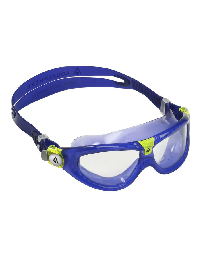 Blue and green Aqua Sphere Seal Kid 2 swim goggles with clear lenses