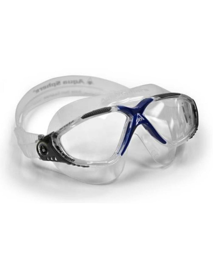 Clear blue Aqua Sphere Vista goggles with durable plexisol lens