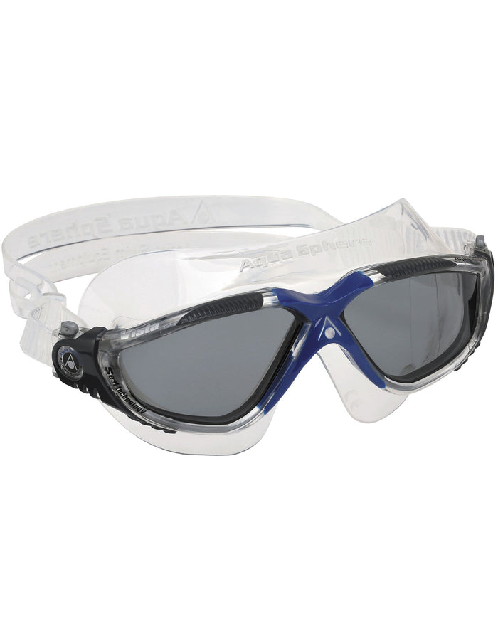 Blue and black Aqua Sphere Vista swim goggles with clear straps and ultra durable plexisol lens