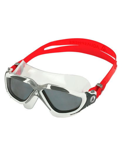 Red and silver Aqua Sphere Vista swim goggles with ultra durable plexisol lenses
