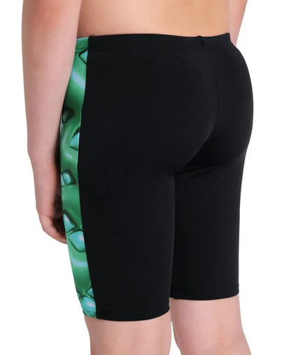 Arena boys' logo graphic swim jammer in black with soft green and multi-colored design, suitable for competitive swimming.