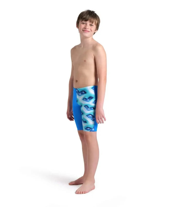 Arena boys' logo graphic swim jammer in blue river water multi, featuring a vibrant design and comfortable fit for swimming.