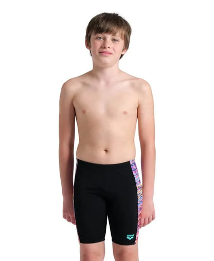 Arena boys' ondulation swim jammer in black with multi-colored violet pattern, designed for competitive swimming and training.